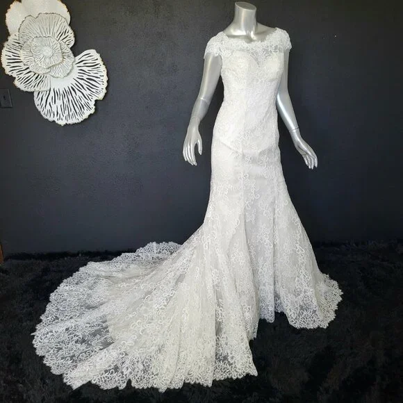 NWT~$1999~ELLA ROSA~SZ 4/6~IVORY OYSTER LACE FIT & FLARE WEDDING DRESS GOWN